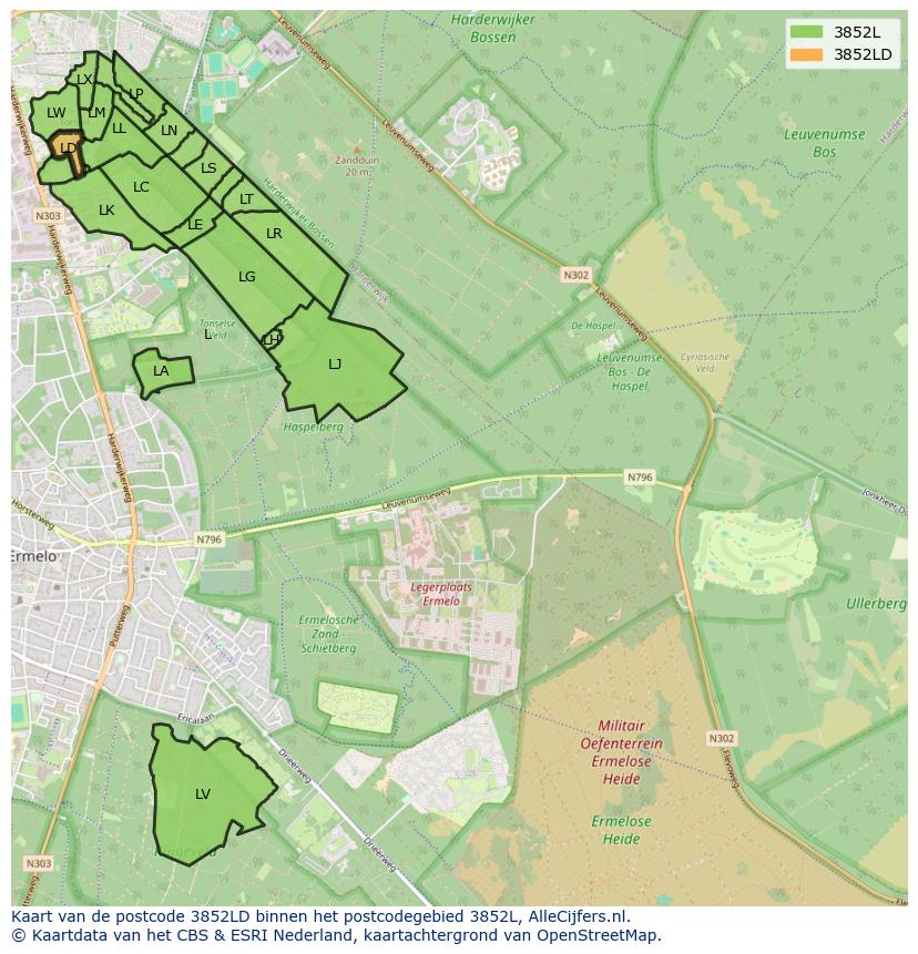 Afbeelding van het postcodegebied 3852 LD op de kaart.