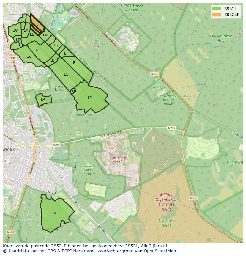 Afbeelding van het postcodegebied 3852 LP op de kaart.