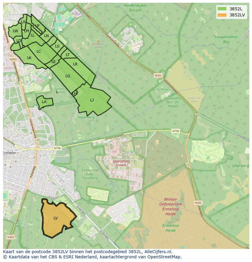 Afbeelding van het postcodegebied 3852 LV op de kaart.