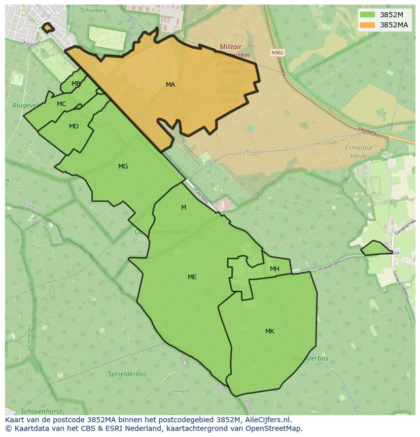 Afbeelding van het postcodegebied 3852 MA op de kaart.