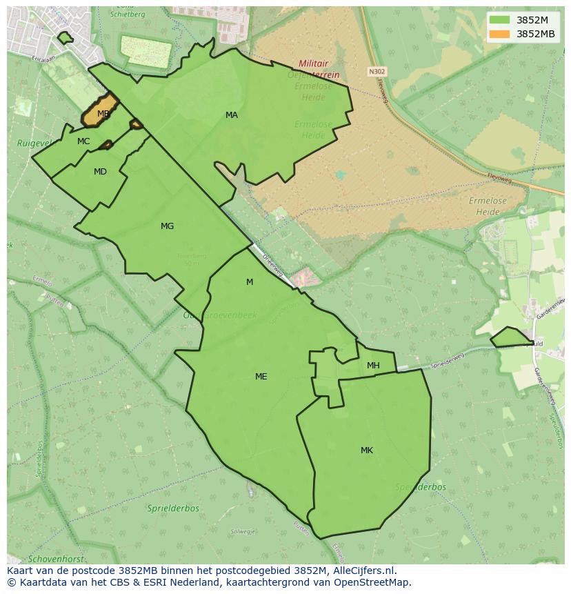 Afbeelding van het postcodegebied 3852 MB op de kaart.