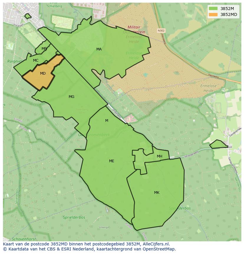 Afbeelding van het postcodegebied 3852 MD op de kaart.