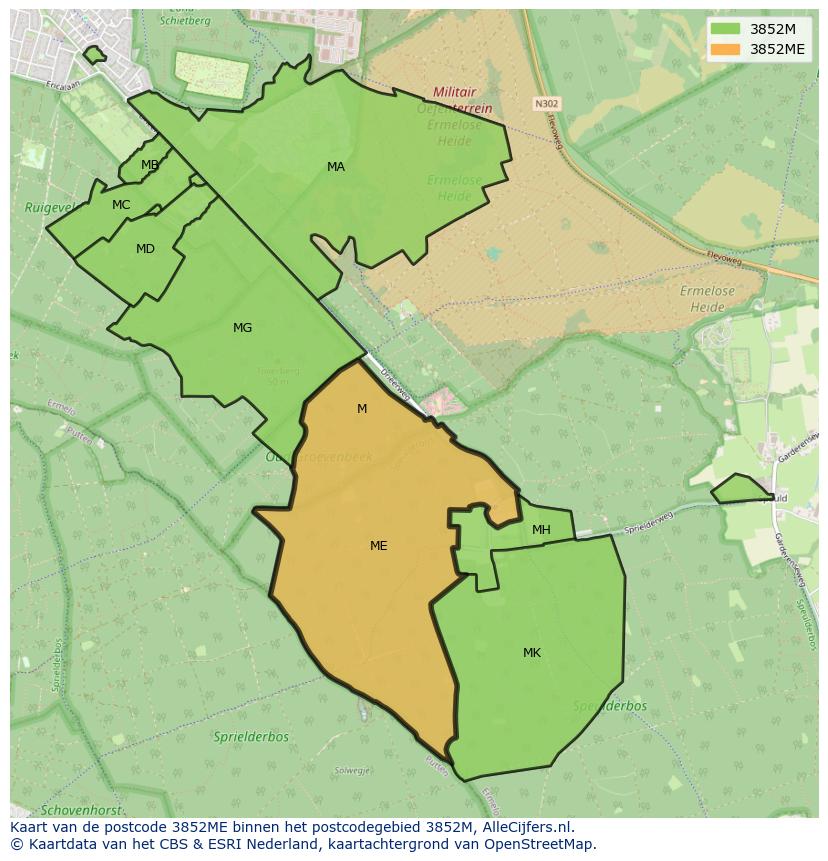 Afbeelding van het postcodegebied 3852 ME op de kaart.