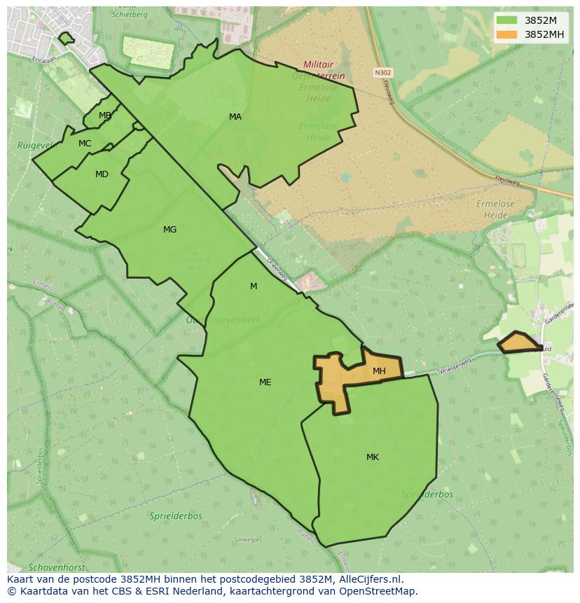 Afbeelding van het postcodegebied 3852 MH op de kaart.