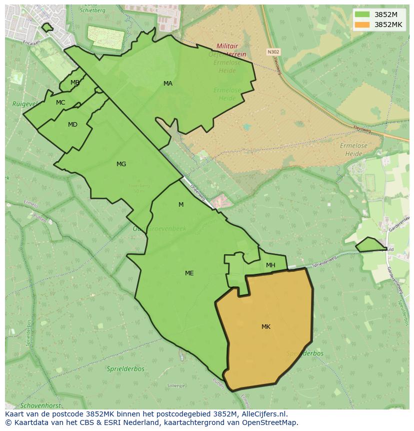 Afbeelding van het postcodegebied 3852 MK op de kaart.