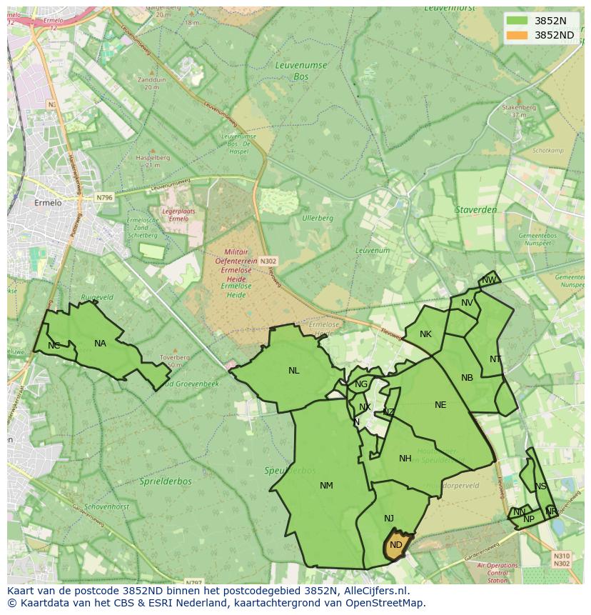 Afbeelding van het postcodegebied 3852 ND op de kaart.