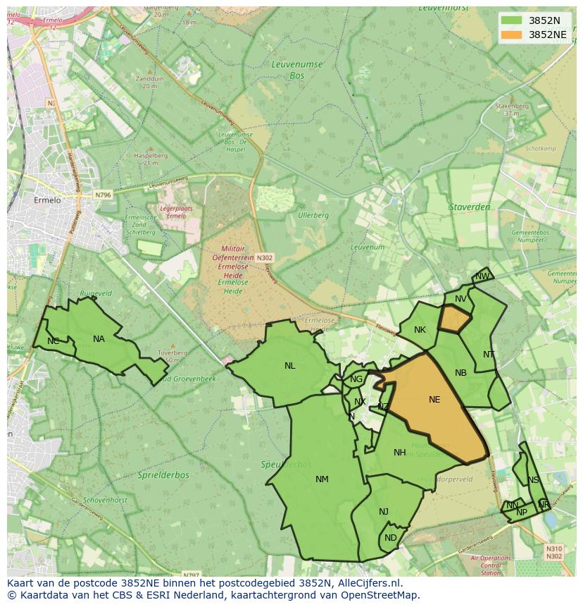 Afbeelding van het postcodegebied 3852 NE op de kaart.