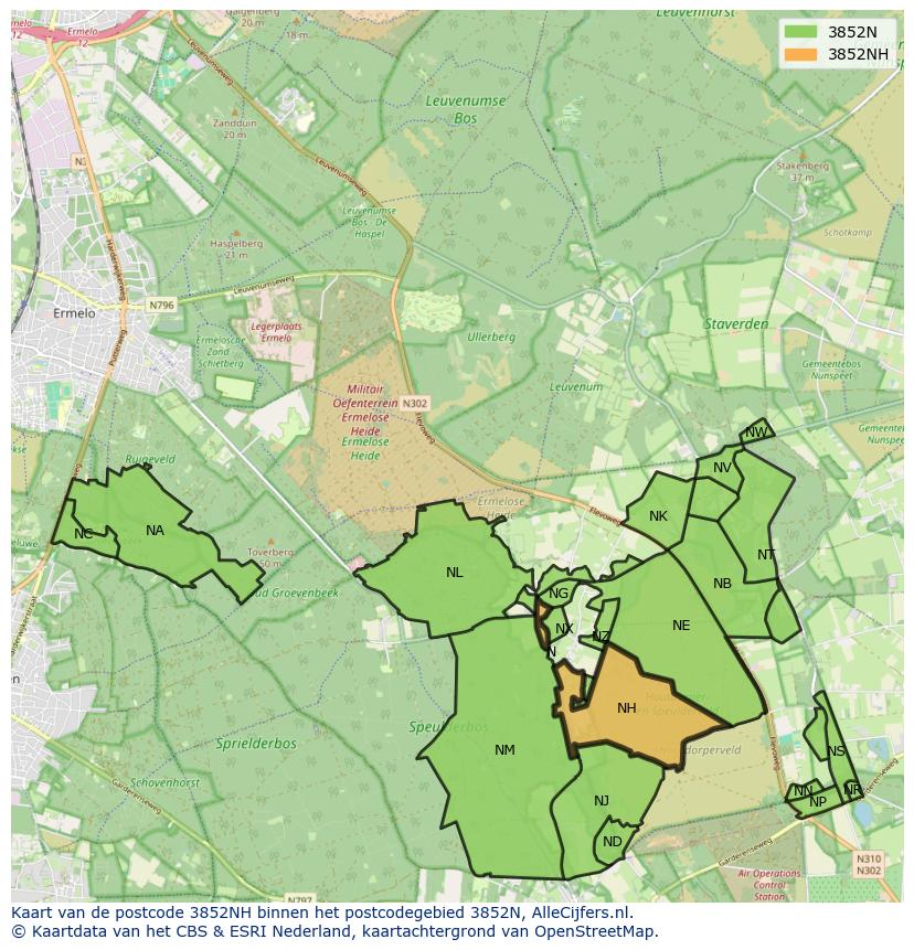 Afbeelding van het postcodegebied 3852 NH op de kaart.