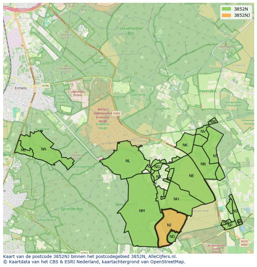 Afbeelding van het postcodegebied 3852 NJ op de kaart.