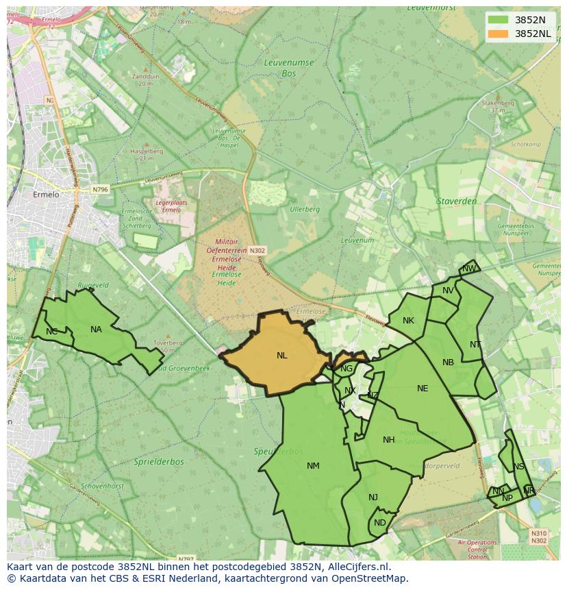 Afbeelding van het postcodegebied 3852 NL op de kaart.