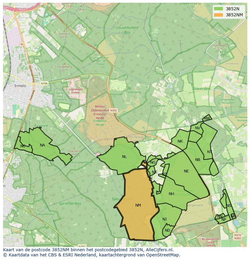 Afbeelding van het postcodegebied 3852 NM op de kaart.
