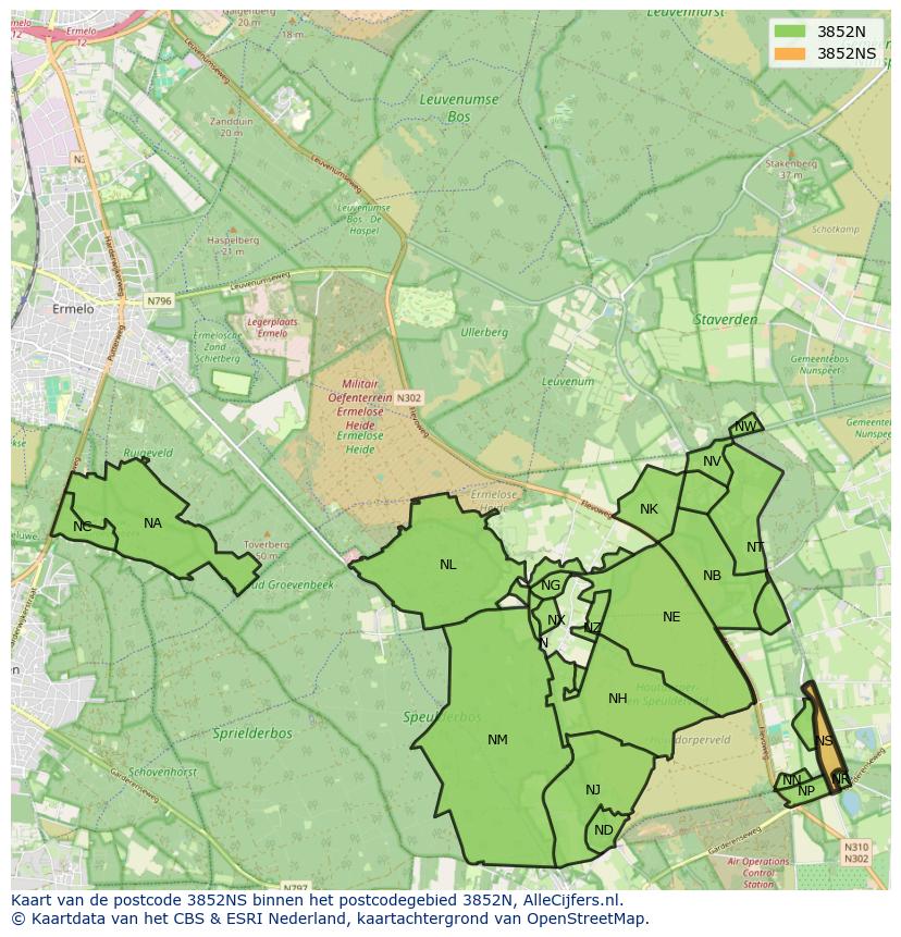Afbeelding van het postcodegebied 3852 NS op de kaart.