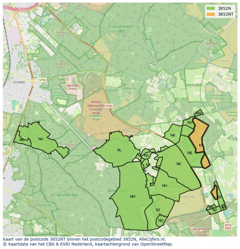 Afbeelding van het postcodegebied 3852 NT op de kaart.