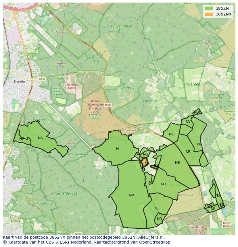Afbeelding van het postcodegebied 3852 NX op de kaart.