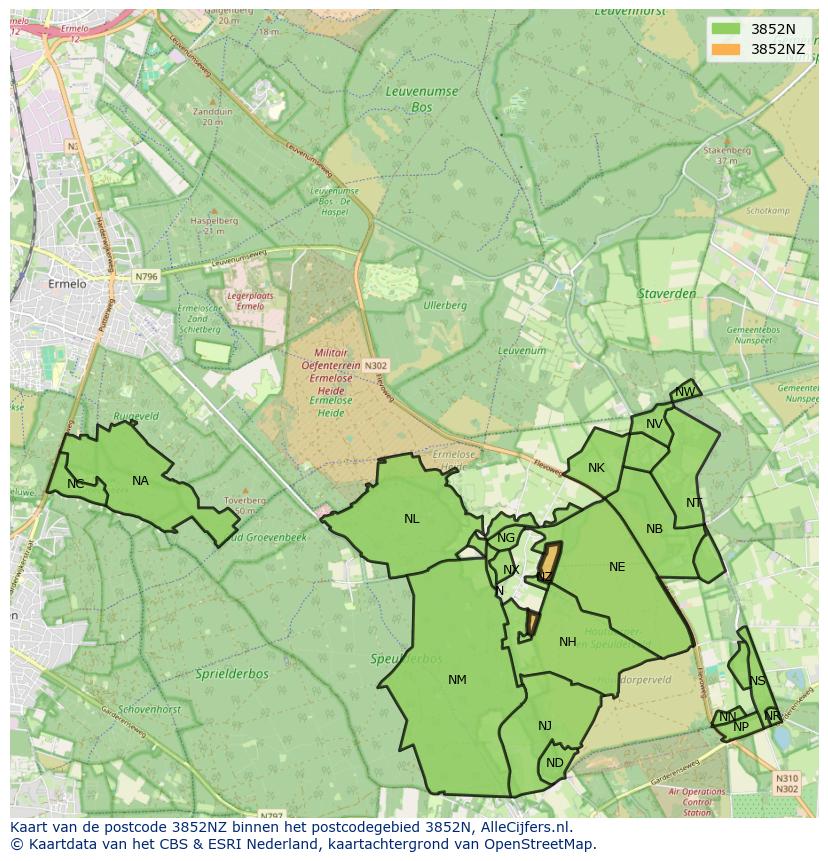 Afbeelding van het postcodegebied 3852 NZ op de kaart.