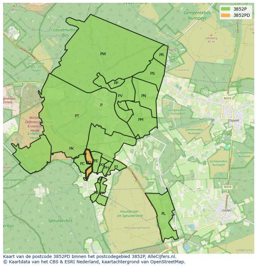 Afbeelding van het postcodegebied 3852 PD op de kaart.