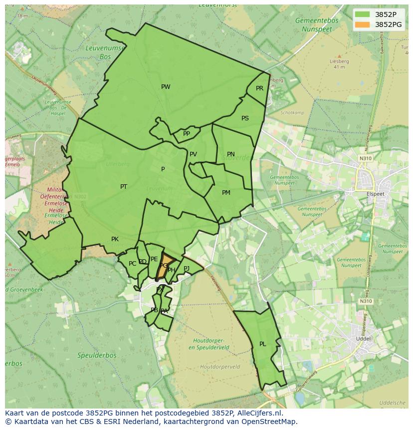 Afbeelding van het postcodegebied 3852 PG op de kaart.