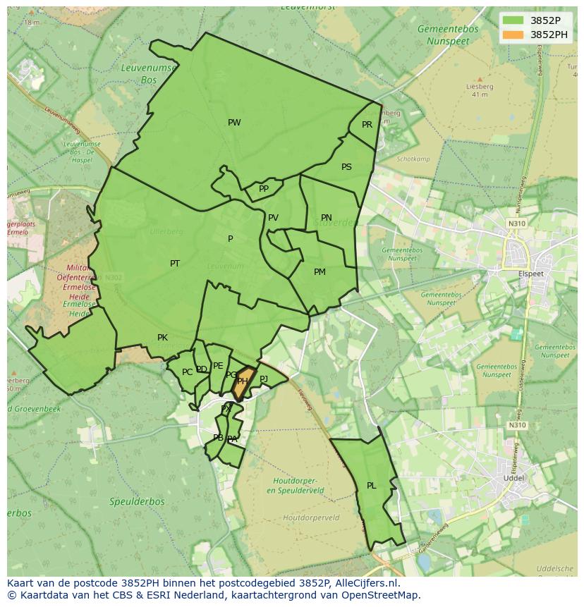 Afbeelding van het postcodegebied 3852 PH op de kaart.