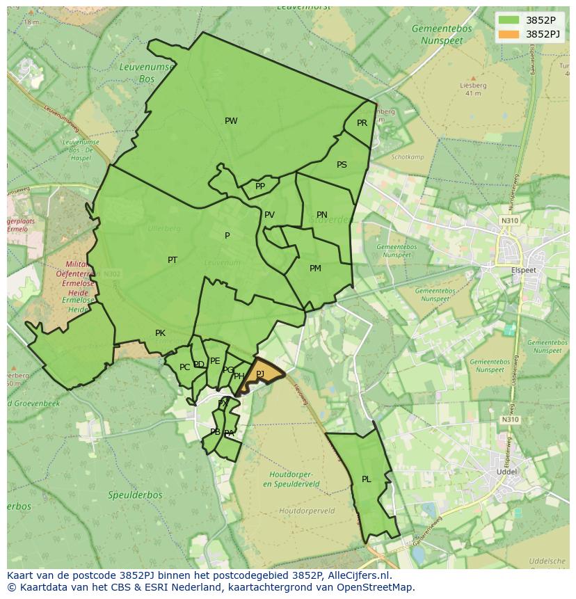 Afbeelding van het postcodegebied 3852 PJ op de kaart.