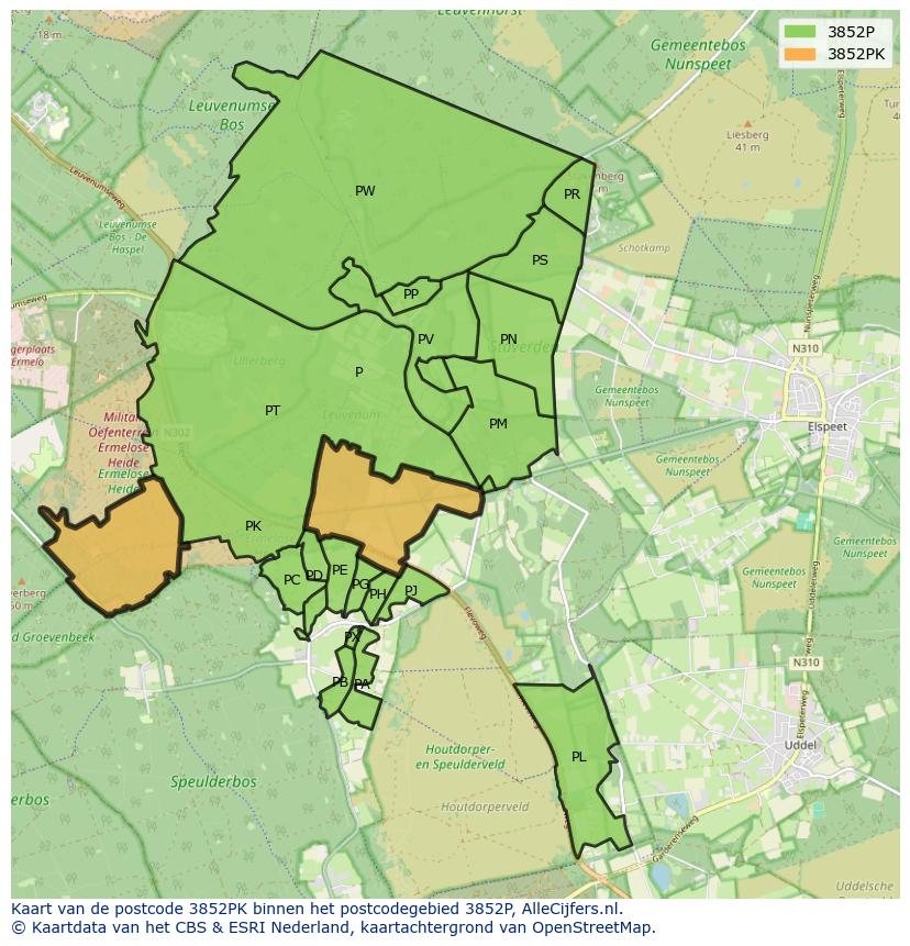Afbeelding van het postcodegebied 3852 PK op de kaart.