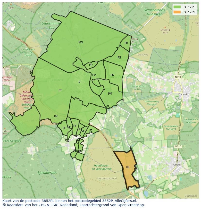 Afbeelding van het postcodegebied 3852 PL op de kaart.