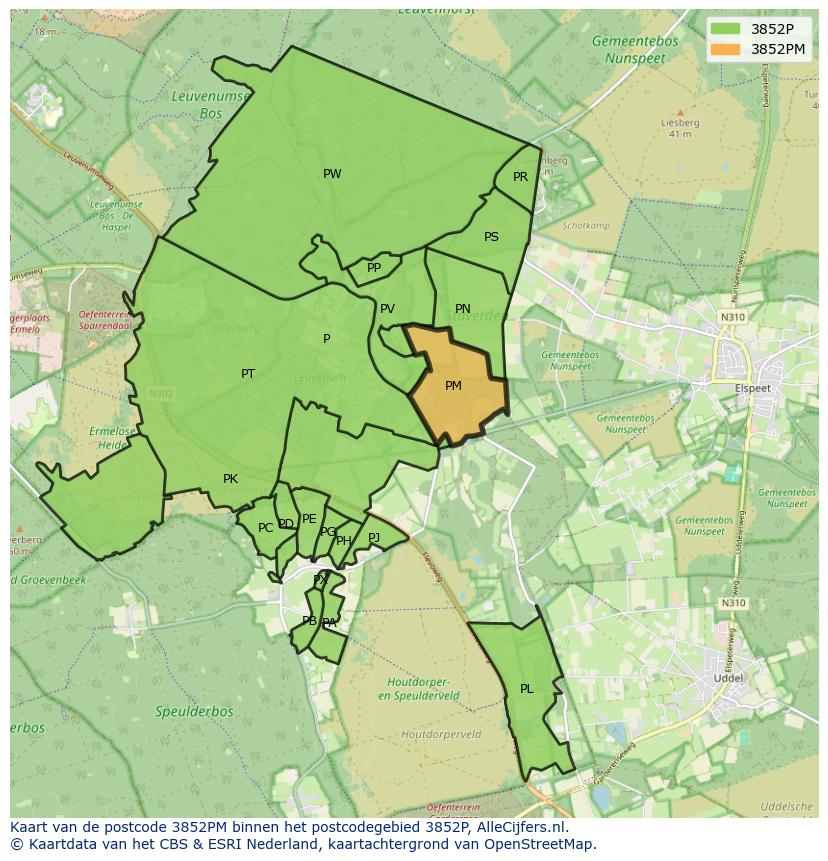 Afbeelding van het postcodegebied 3852 PM op de kaart.