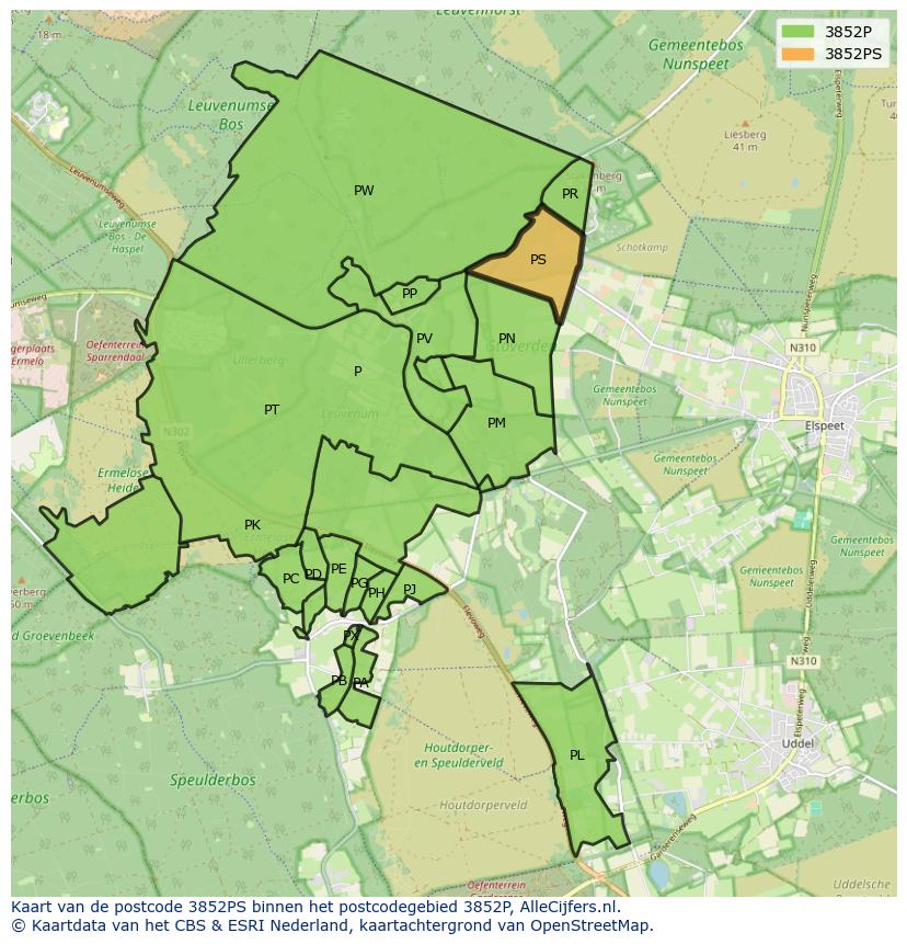 Afbeelding van het postcodegebied 3852 PS op de kaart.