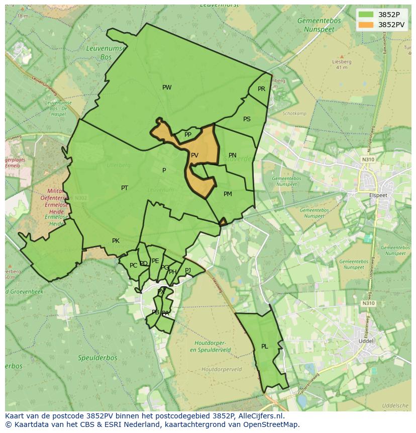Afbeelding van het postcodegebied 3852 PV op de kaart.