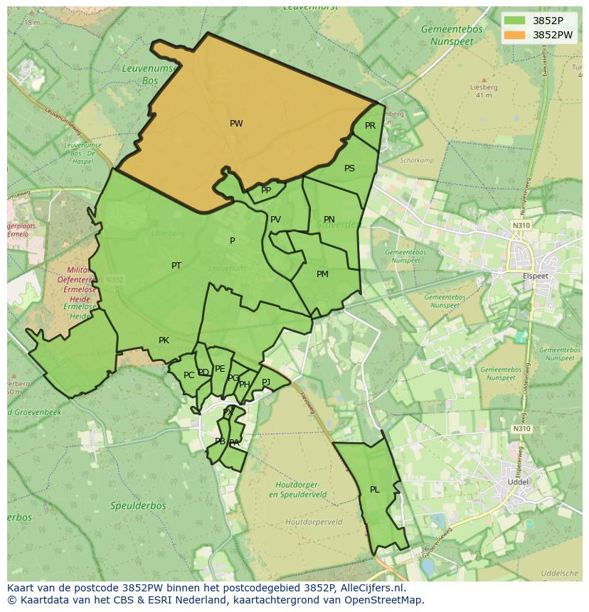 Afbeelding van het postcodegebied 3852 PW op de kaart.