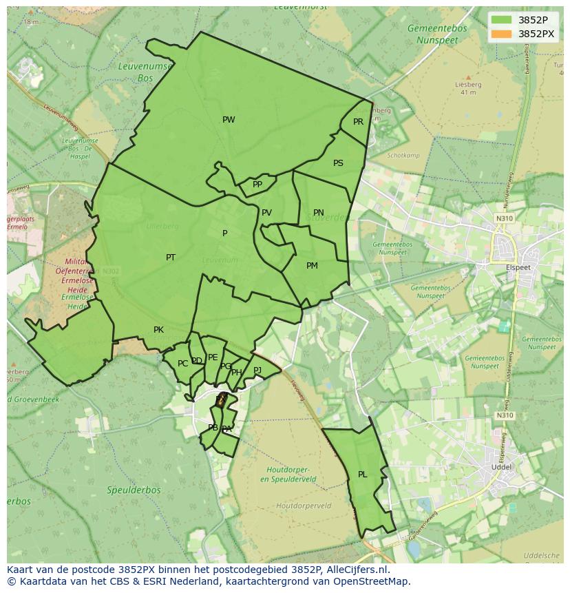 Afbeelding van het postcodegebied 3852 PX op de kaart.
