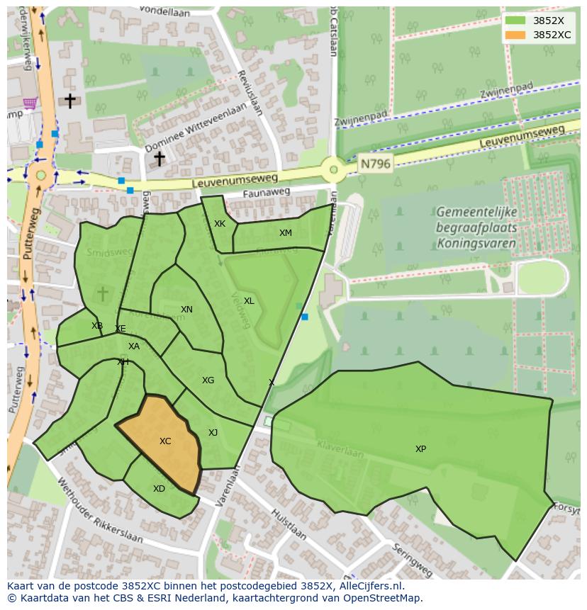 Afbeelding van het postcodegebied 3852 XC op de kaart.