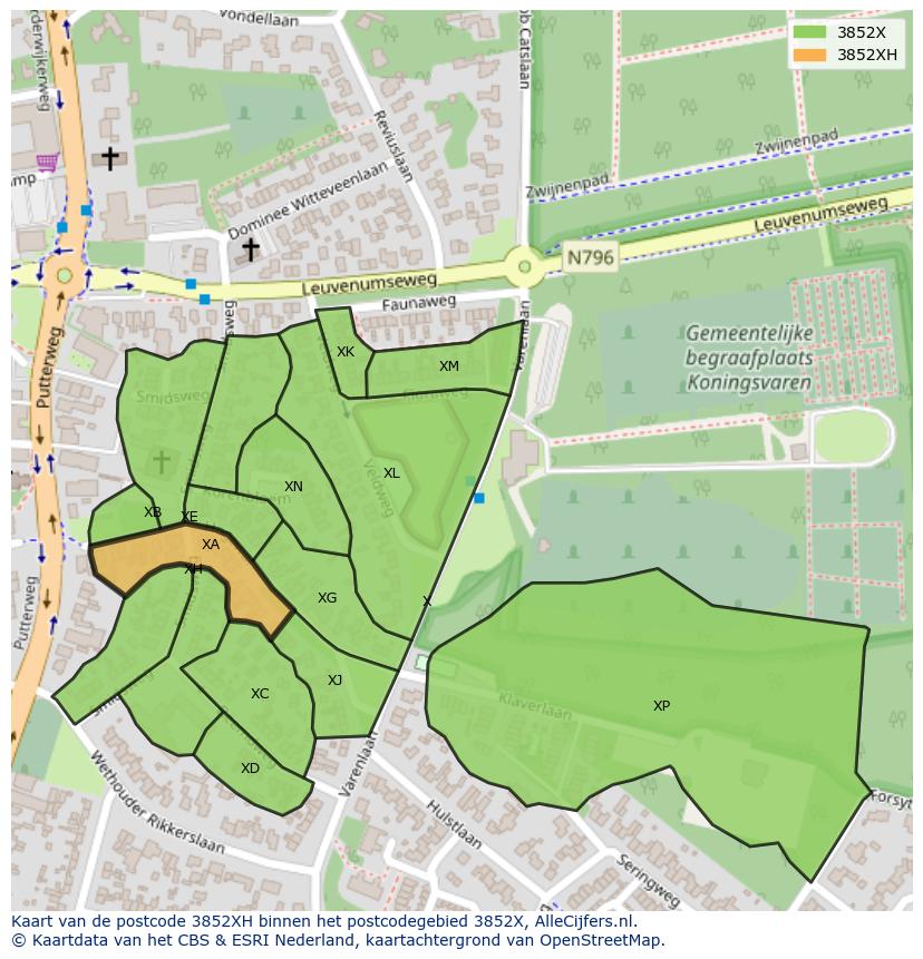 Afbeelding van het postcodegebied 3852 XH op de kaart.