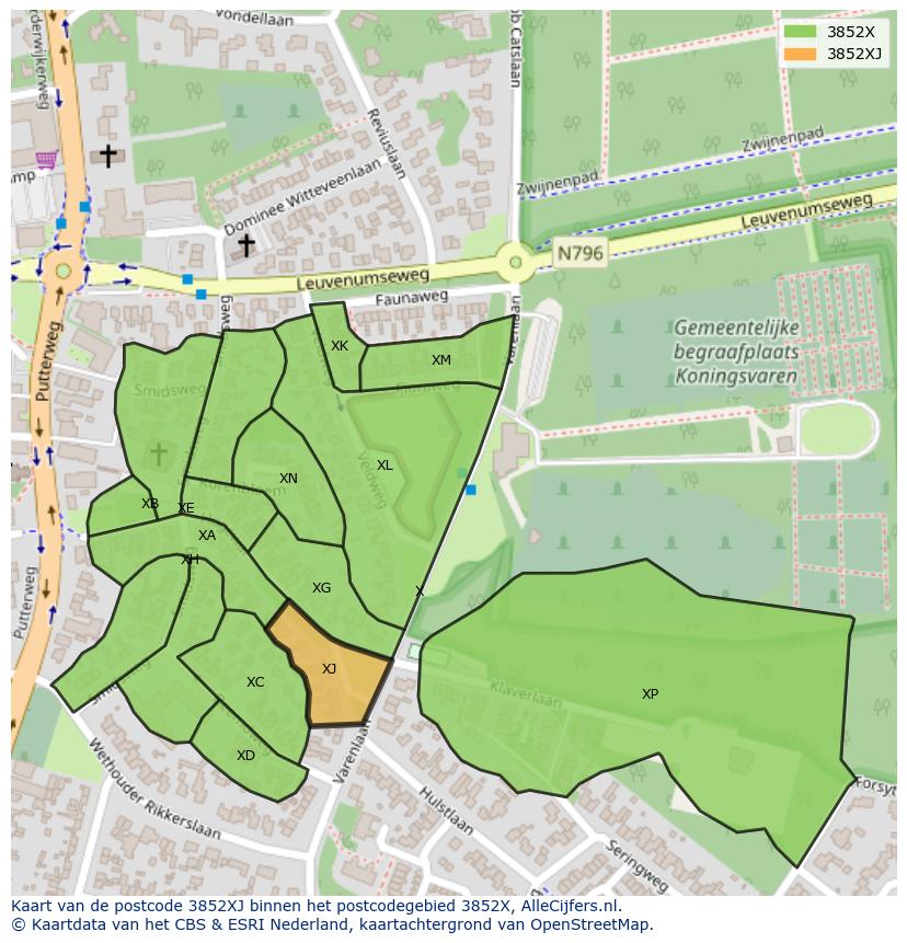 Afbeelding van het postcodegebied 3852 XJ op de kaart.