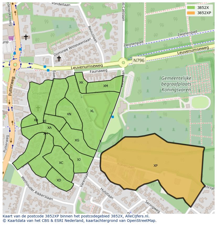 Afbeelding van het postcodegebied 3852 XP op de kaart.