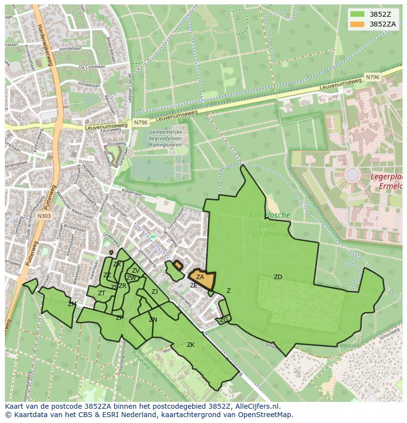 Afbeelding van het postcodegebied 3852 ZA op de kaart.