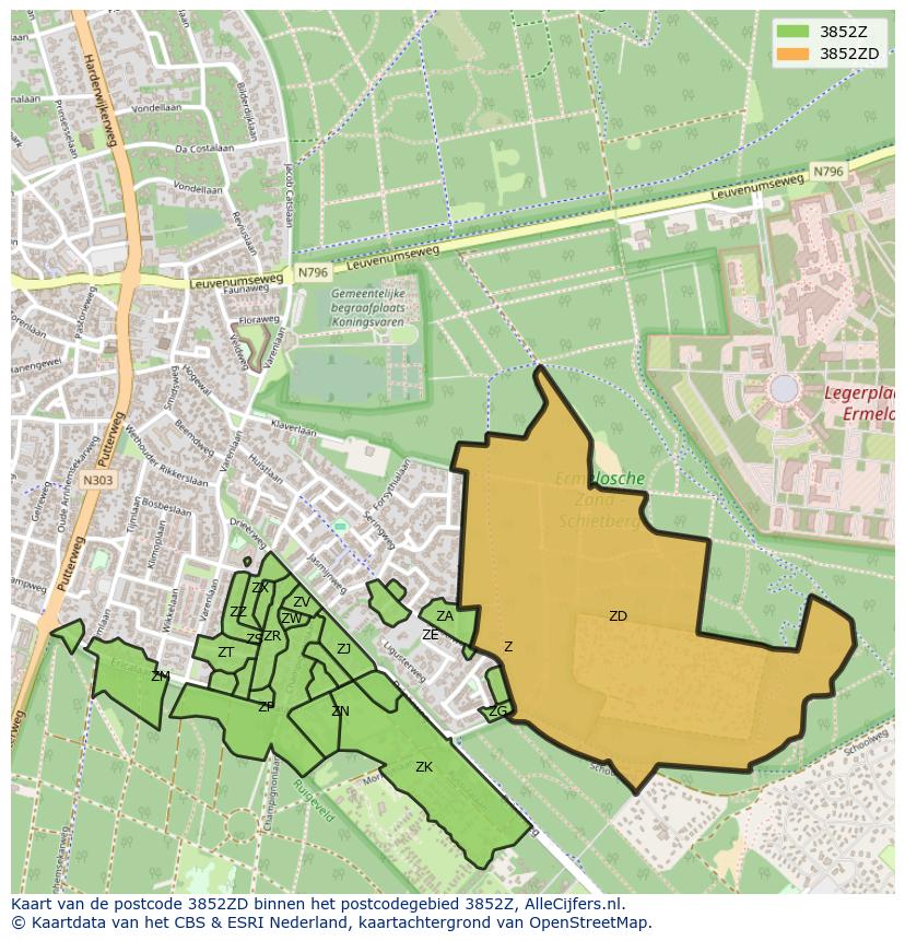 Afbeelding van het postcodegebied 3852 ZD op de kaart.