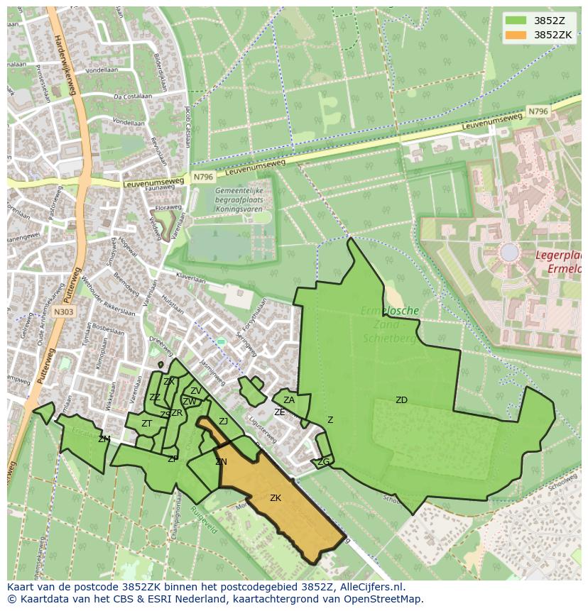 Afbeelding van het postcodegebied 3852 ZK op de kaart.