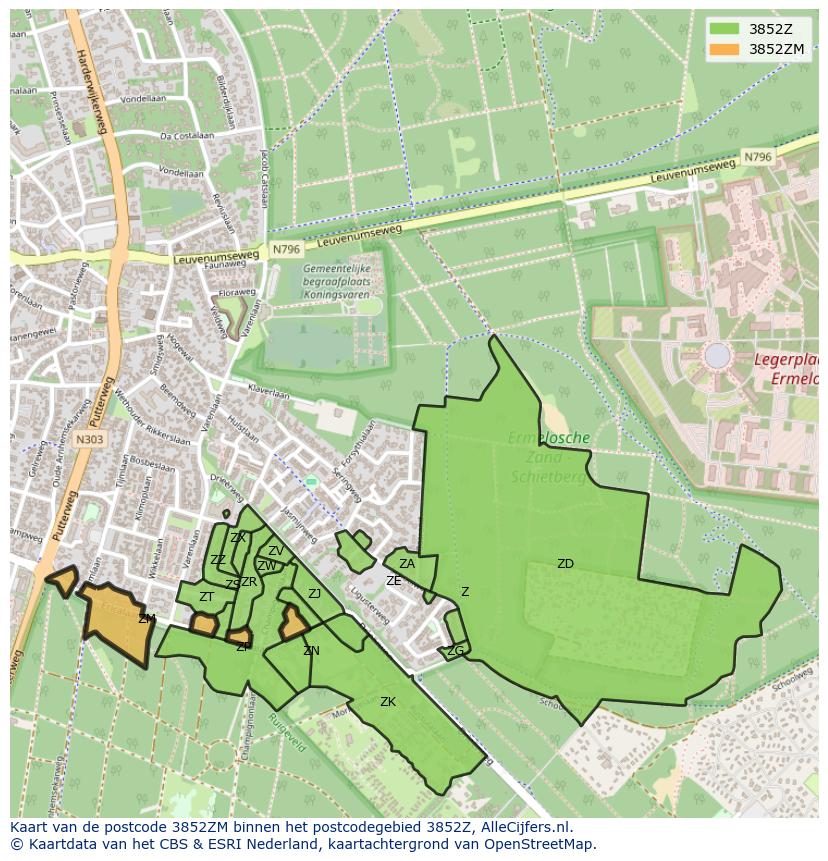 Afbeelding van het postcodegebied 3852 ZM op de kaart.