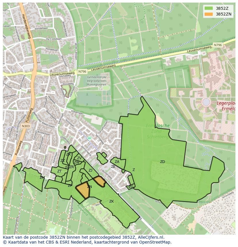 Afbeelding van het postcodegebied 3852 ZN op de kaart.