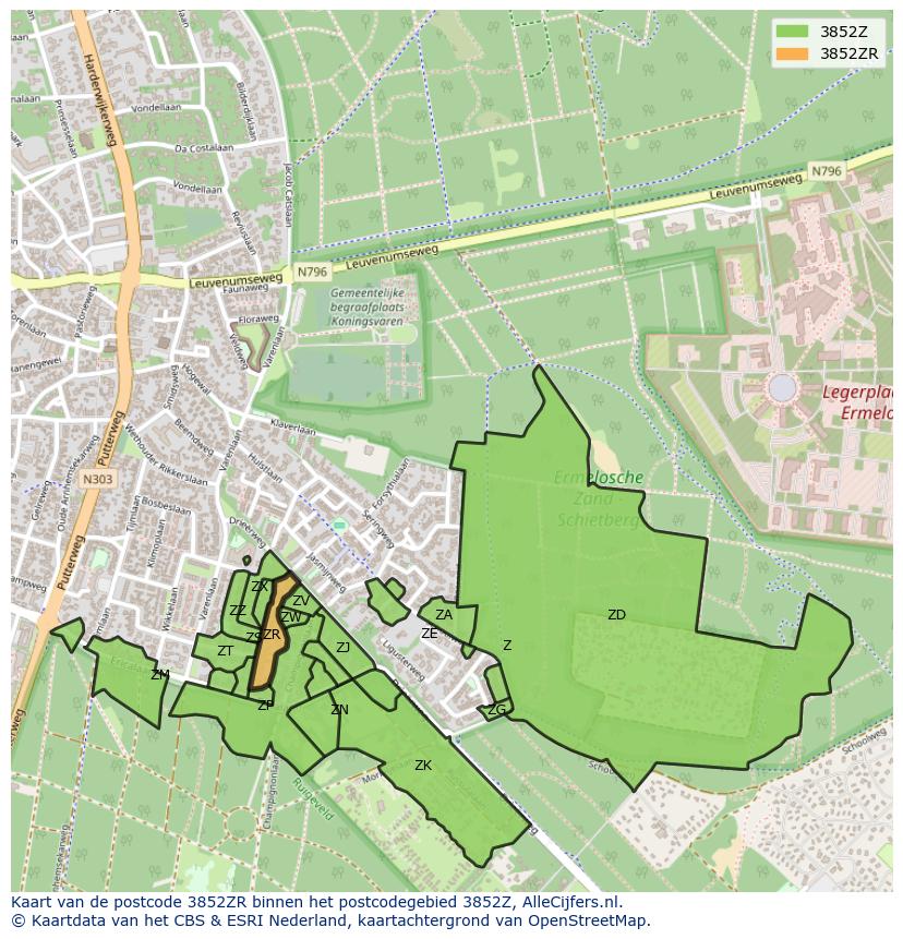 Afbeelding van het postcodegebied 3852 ZR op de kaart.