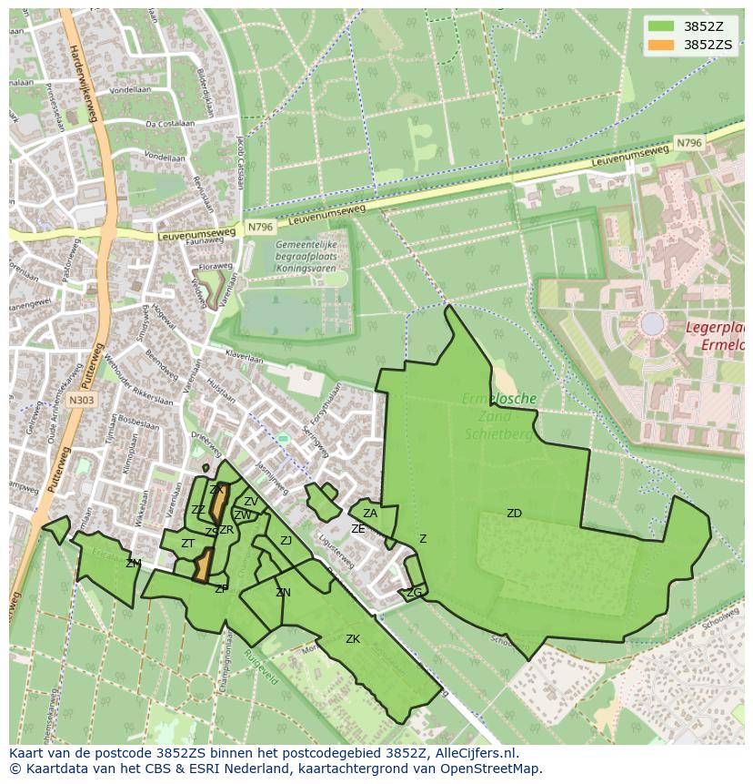 Afbeelding van het postcodegebied 3852 ZS op de kaart.