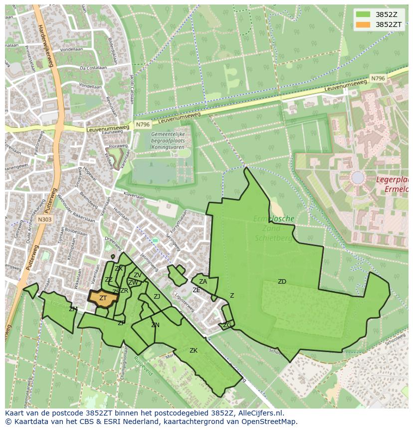 Afbeelding van het postcodegebied 3852 ZT op de kaart.
