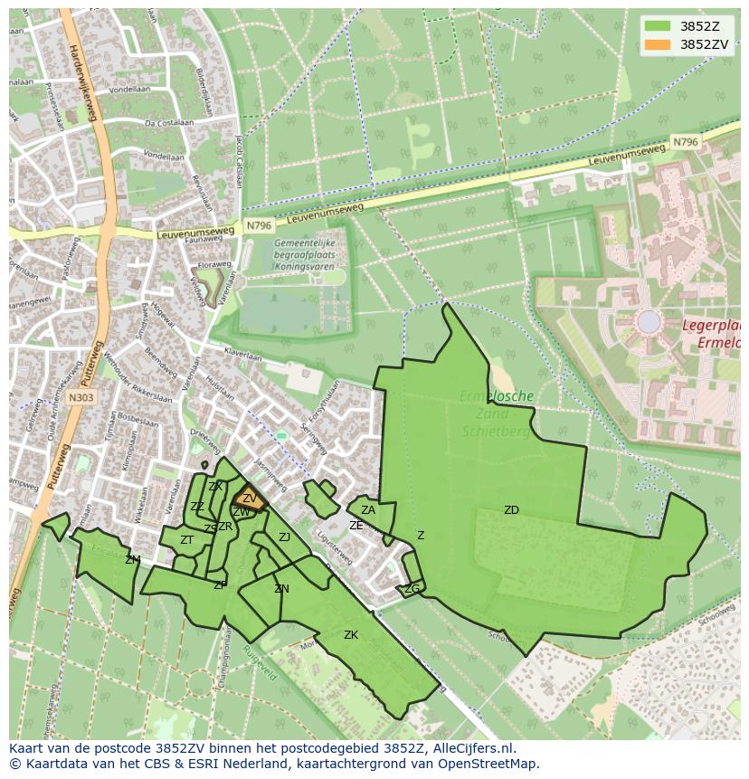 Afbeelding van het postcodegebied 3852 ZV op de kaart.