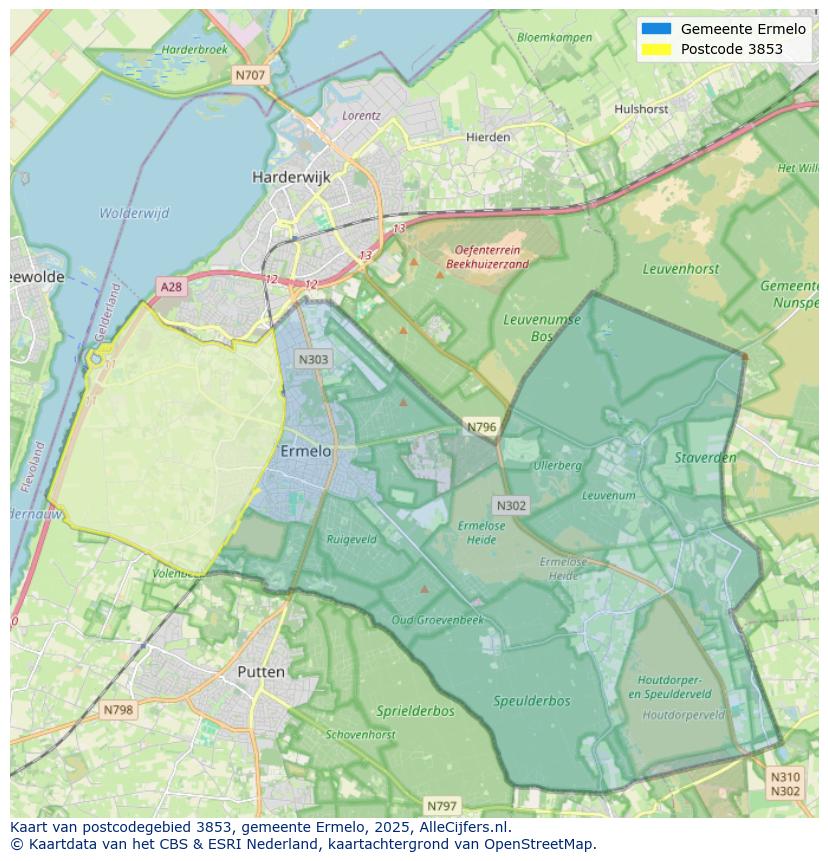 Afbeelding van het postcodegebied 3853 op de kaart.