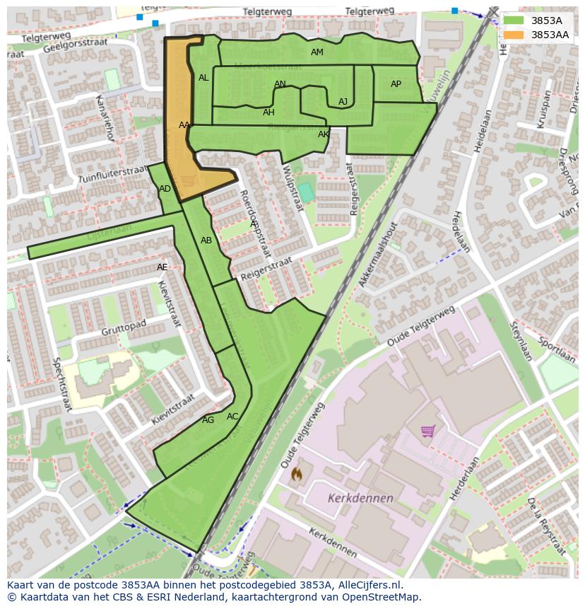 Afbeelding van het postcodegebied 3853 AA op de kaart.