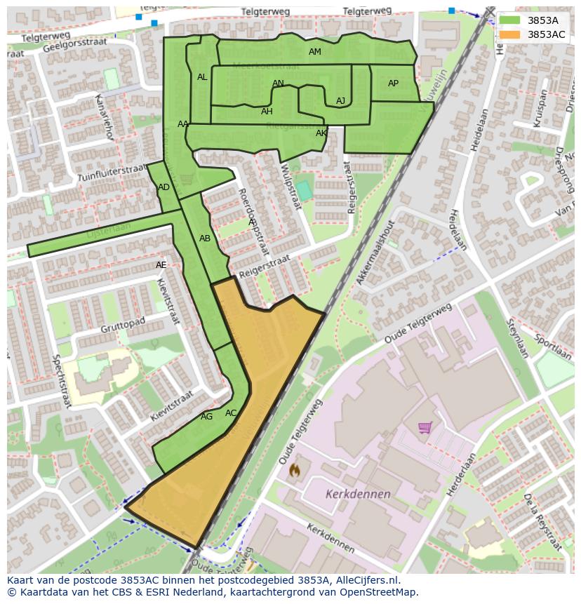 Afbeelding van het postcodegebied 3853 AC op de kaart.