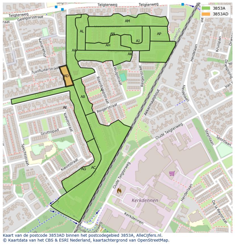 Afbeelding van het postcodegebied 3853 AD op de kaart.