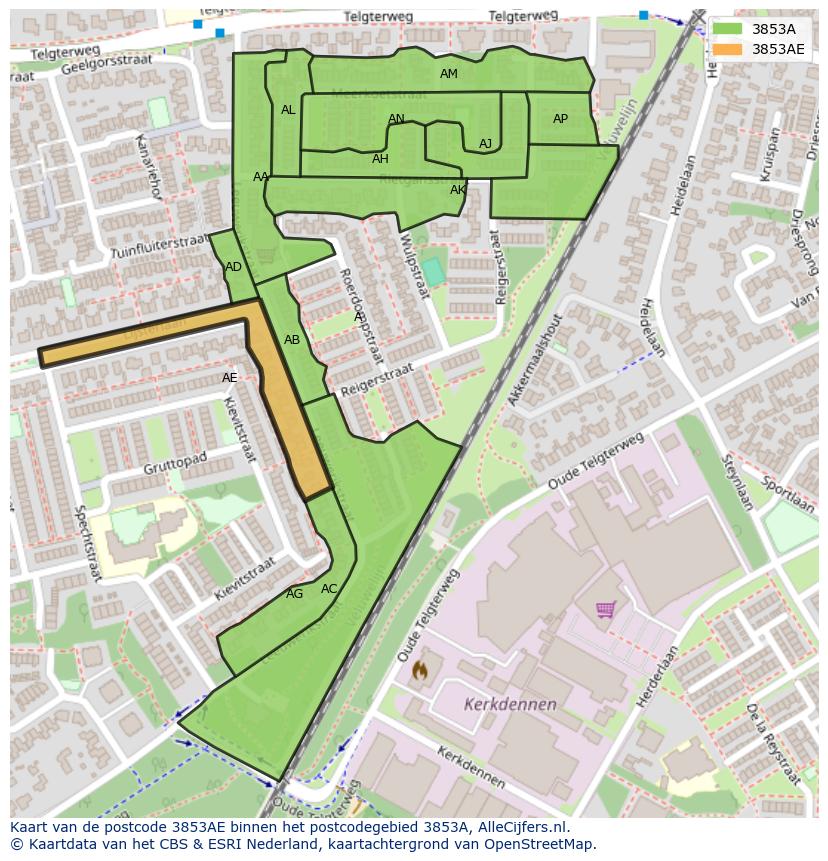 Afbeelding van het postcodegebied 3853 AE op de kaart.