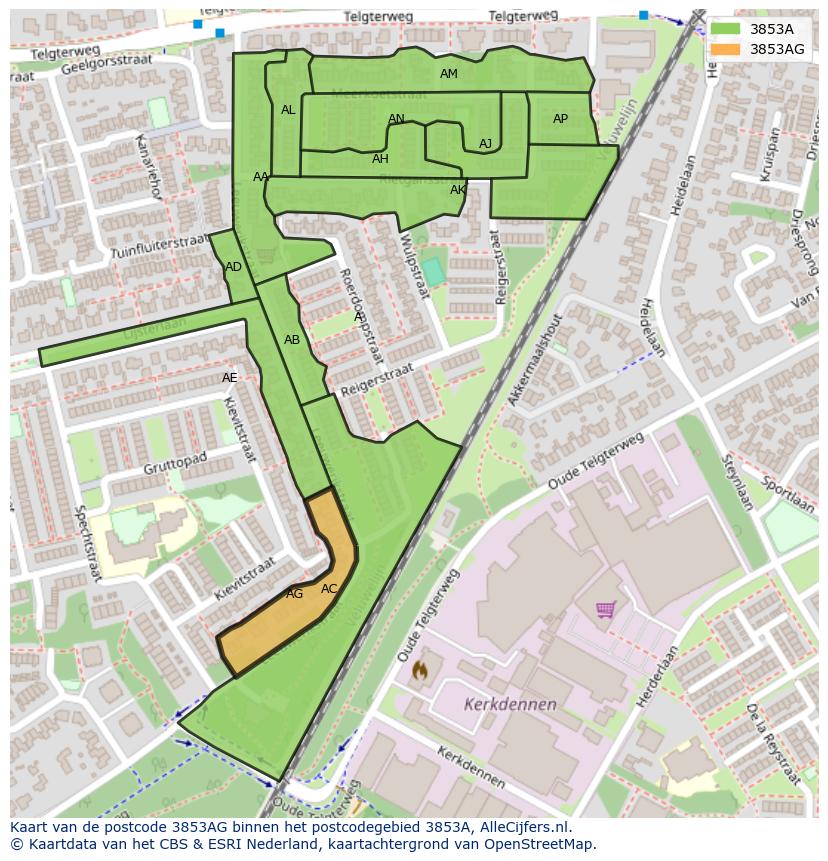 Afbeelding van het postcodegebied 3853 AG op de kaart.