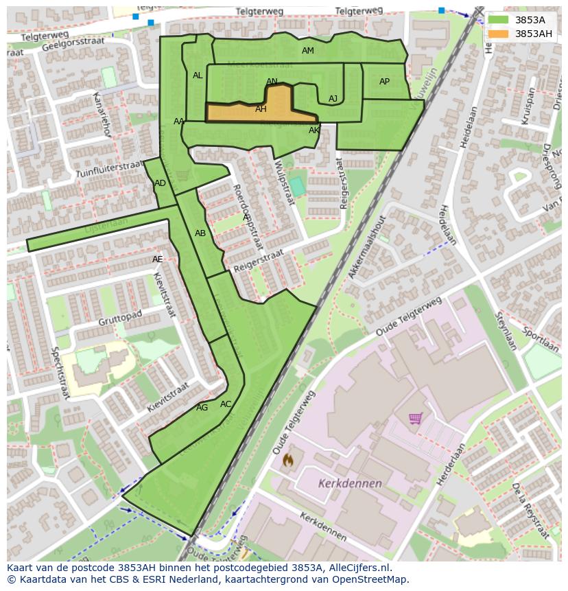 Afbeelding van het postcodegebied 3853 AH op de kaart.